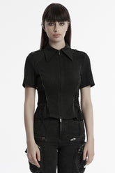Black Lapel Collar Long Sleeves Lace-Up Women's Punk Military Blouse